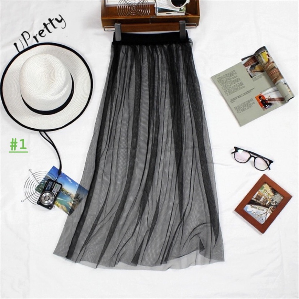 Mesh Elastic High Waist Tulle Skirt Hollow Midi - Picture 2 of 8